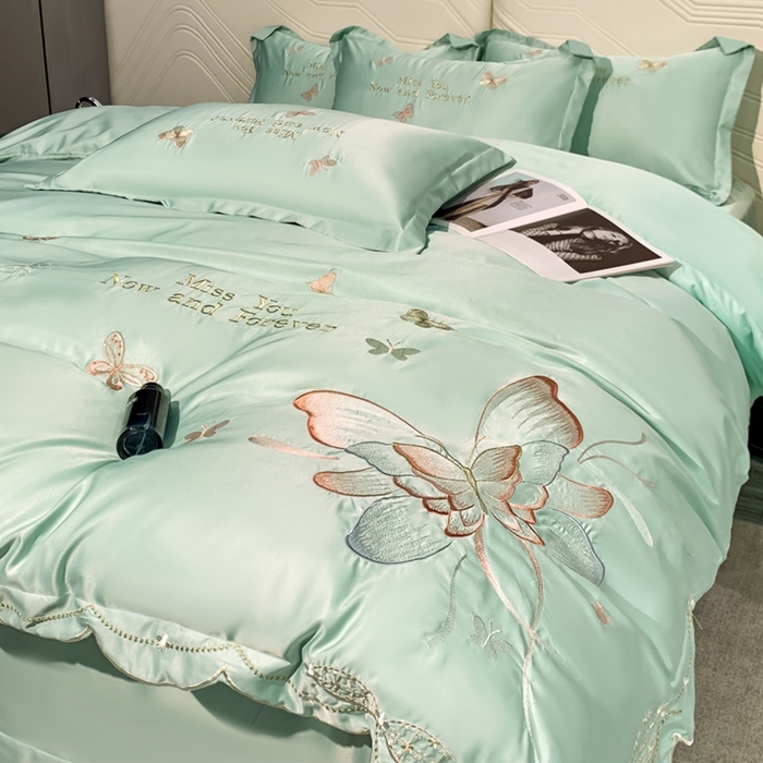91家纺网 家纺一手货源 找家纺 梧桐家居 2024新款冰丝四件套-蝴蝶 蝴蝶-浅绿