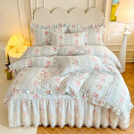 91家纺网 家纺一手货源 找家纺 美达家纺 2025新款亲肤舒适全棉公主风单床裙四件套 芷间花语