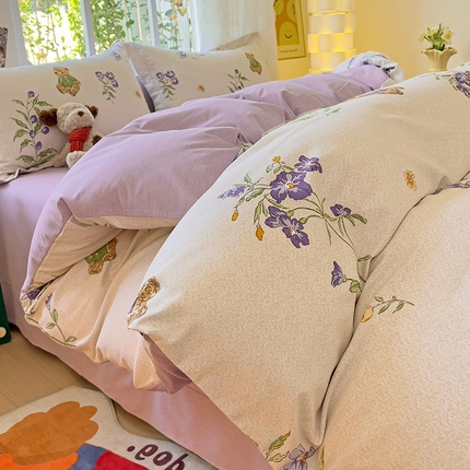 91家纺网 家纺一手货源 找家纺 2024新款全棉印花磨毛系列四件套 萌熊花园