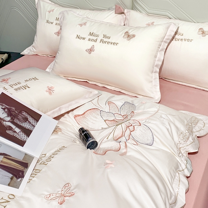 91家纺网 家纺一手货源 找家纺 梧桐家居 2024新款冰丝四件套-蝴蝶 蝴蝶-白粉