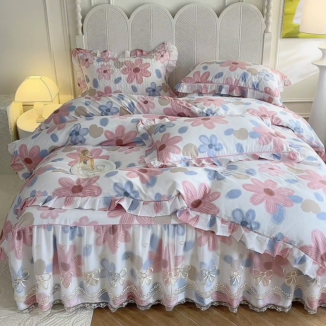 91家纺网 家纺一手货源 找家纺 美达家纺 2025新款亲肤舒适全棉公主风单床裙四件套 梦境之旅-粉