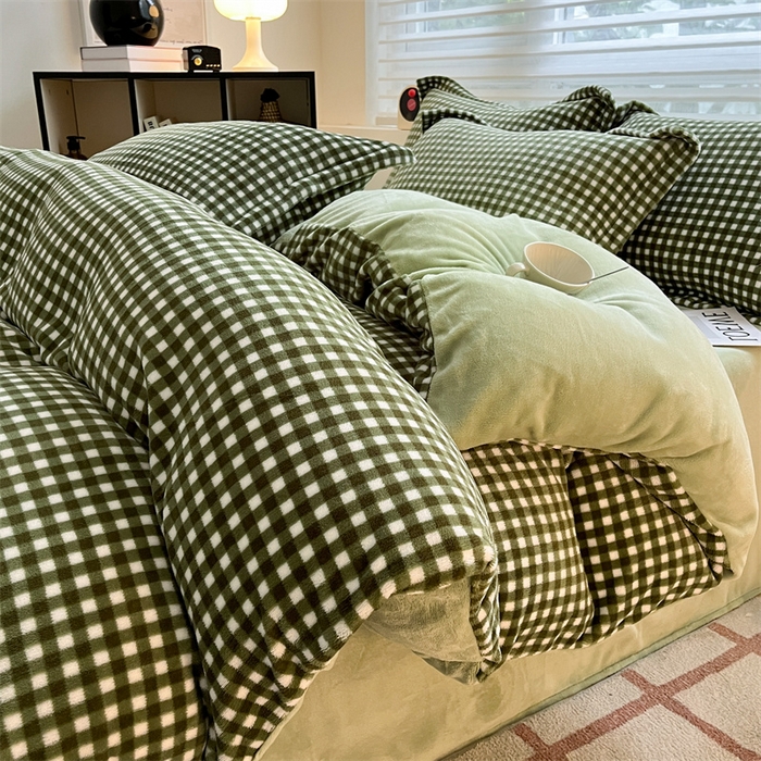 91家纺网 家纺一手货源 找家纺 启程家纺 2024新款无印风A类牛奶绒四件套 小格子-抹茶绿