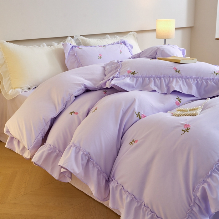 91家纺网 家纺一手货源 找家纺 梧桐家居 2024新款水洗棉四件套-玫瑰 玫瑰-浅紫