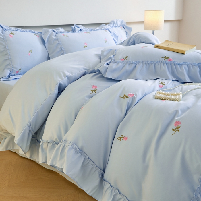 91家纺网 家纺一手货源 找家纺 梧桐家居 2024新款水洗棉四件套-玫瑰 玫瑰-天蓝