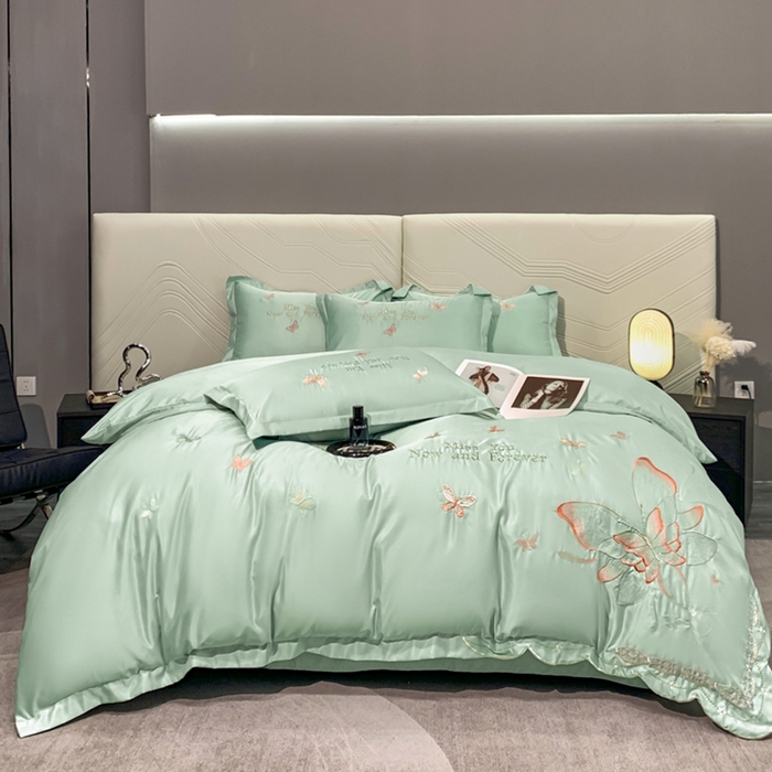 91家纺网 家纺一手货源 找家纺 梧桐家居 2024新款冰丝四件套-蝴蝶 蝴蝶-浅绿