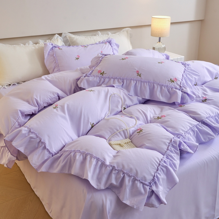 91家纺网 家纺一手货源 找家纺 梧桐家居 2024新款水洗棉四件套-玫瑰 玫瑰-浅紫
