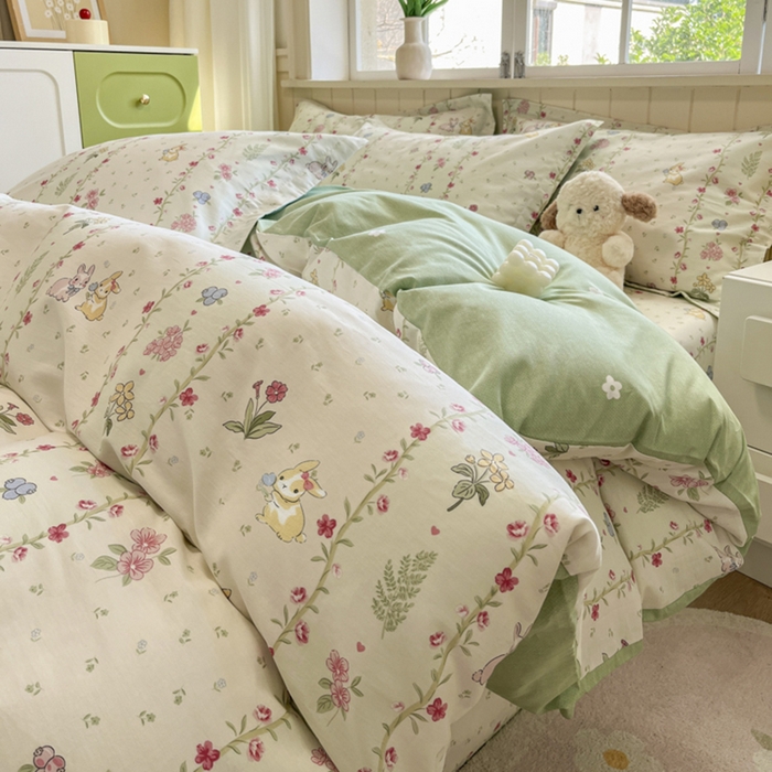 91家纺网 家纺一手货源 找家纺 菲梵家纺 2025新款喷气小清新全棉印花四件套（预留缩水） 田园兔