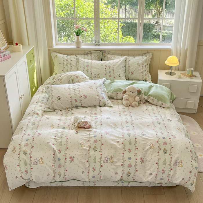 91家纺网 家纺一手货源 找家纺 菲梵家纺 2025新款喷气小清新全棉印花四件套（预留缩水） 田园兔