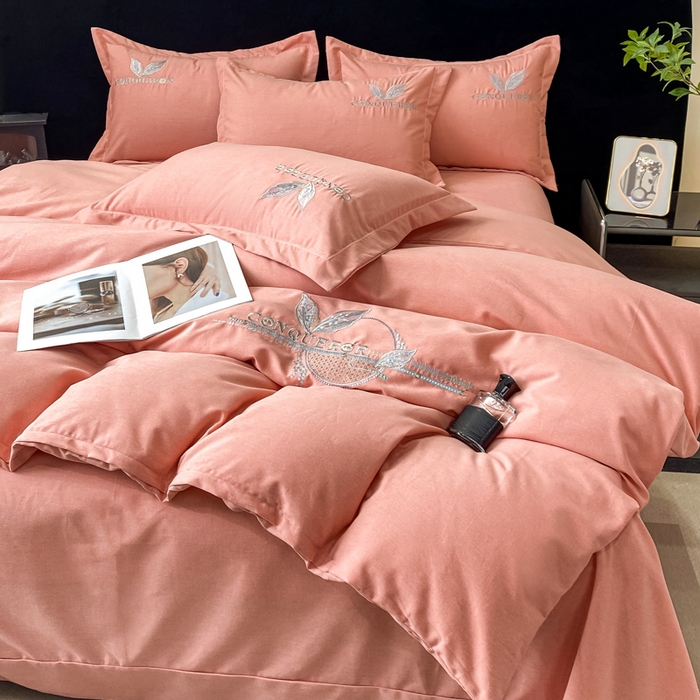 91家纺网 家纺一手货源 找家纺 昊翔家纺 2025新款全棉磨毛绣花四件套叶之秋-粉玉