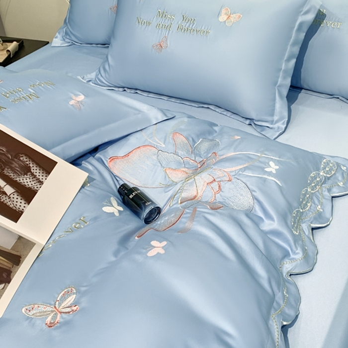 91家纺网 家纺一手货源 找家纺 梧桐家居 2024新款冰丝四件套-蝴蝶 蝴蝶-天蓝