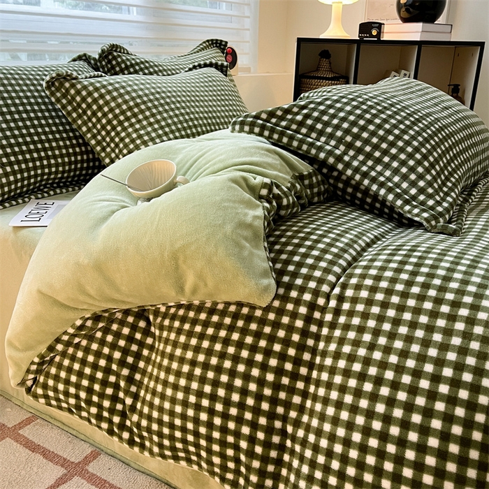 91家纺网 家纺一手货源 找家纺 启程家纺 2024新款无印风A类牛奶绒四件套 小格子-抹茶绿