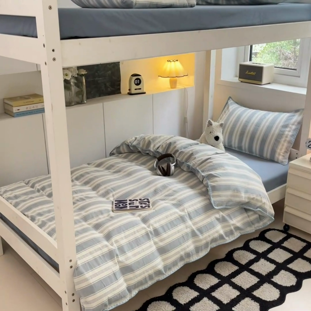 91家纺网 家纺一手货源 找家纺 吉象家纺 2025新款全棉水洗棉三角针学生三件套四件套 青春-浅蓝