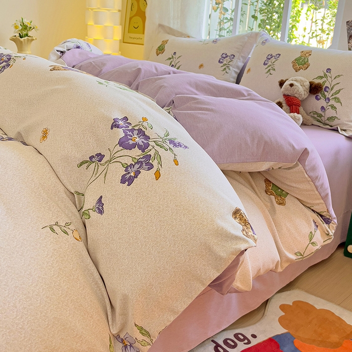 91家纺网 家纺一手货源 找家纺 2024新款全棉印花磨毛系列四件套 萌熊花园