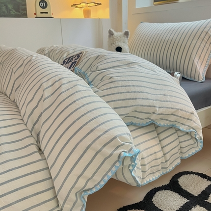 吉象家纺 2025新款全棉水洗棉三角针学生三件套四件套 时光-浅蓝