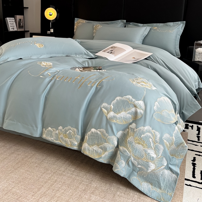 91家纺网 家纺一手货源 找家纺 梧桐家居 2024新款13376全棉四件套-银杏 银杏-飘蓝