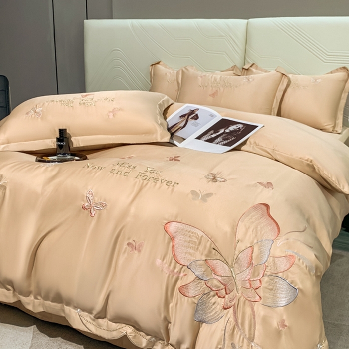 91家纺网 家纺一手货源 找家纺 梧桐家居 2024新款冰丝四件套-蝴蝶 蝴蝶-浅咖