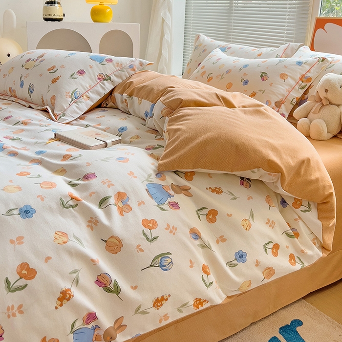 91家纺网 家纺一手货源 找家纺 2024新款全棉印花磨毛系列四件套 小兔庄园