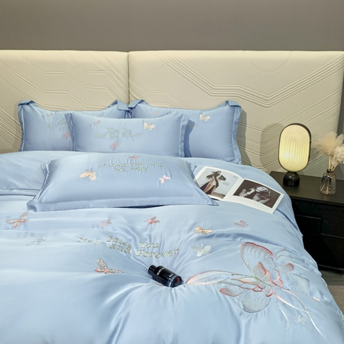 91家纺网 家纺一手货源 找家纺 梧桐家居 2024新款冰丝四件套-蝴蝶 蝴蝶-天蓝