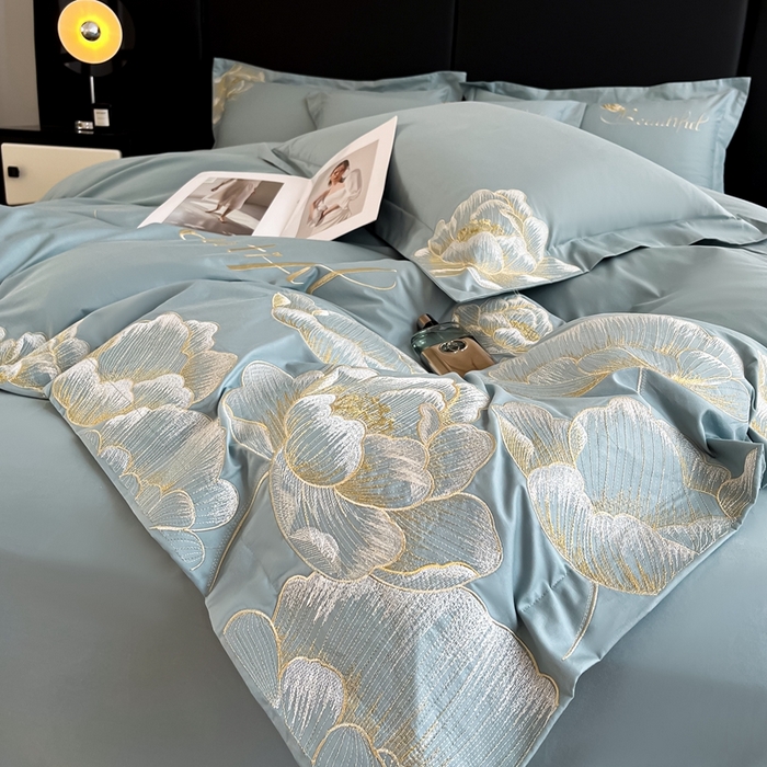 91家纺网 家纺一手货源 找家纺 梧桐家居 2024新款13376全棉四件套-银杏 银杏-飘蓝