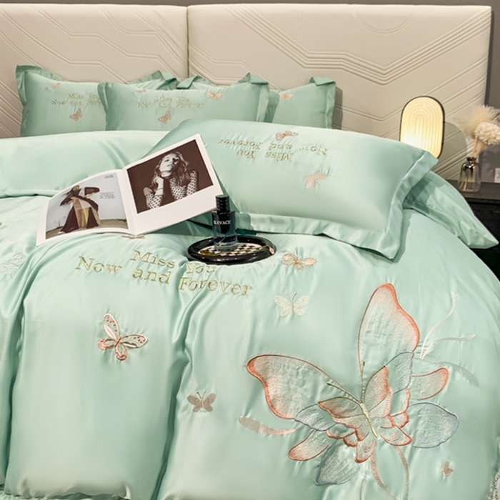 91家纺网 家纺一手货源 找家纺 梧桐家居 2024新款冰丝四件套-蝴蝶 蝴蝶-浅绿