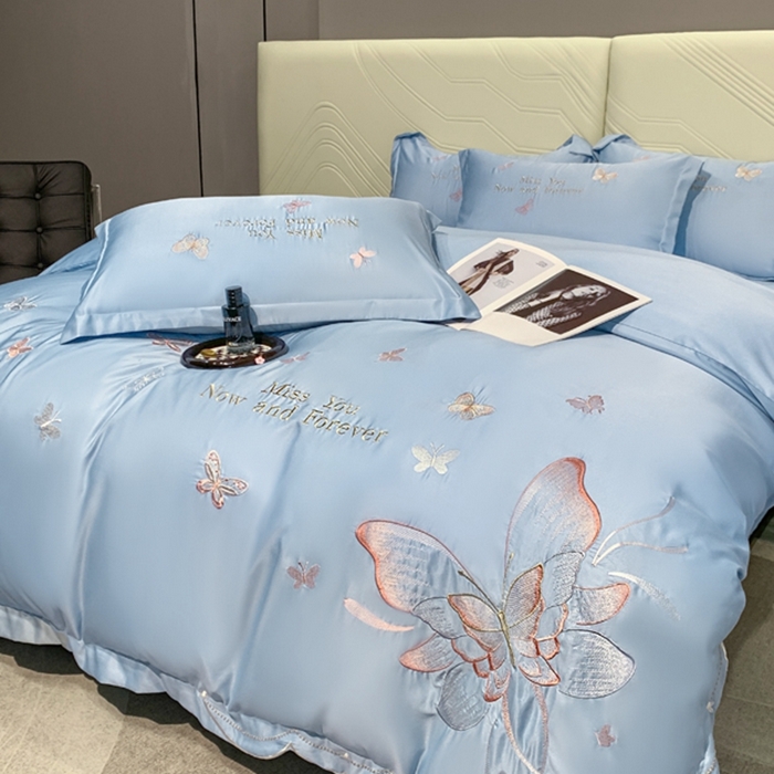 91家纺网 家纺一手货源 找家纺 梧桐家居 2024新款冰丝四件套-蝴蝶 蝴蝶-天蓝