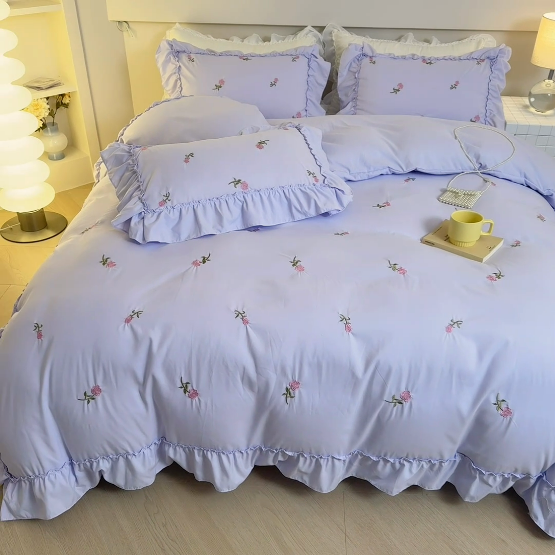 91家纺网 家纺一手货源 找家纺 梧桐家居 2024新款水洗棉四件套-玫瑰 玫瑰-浅紫