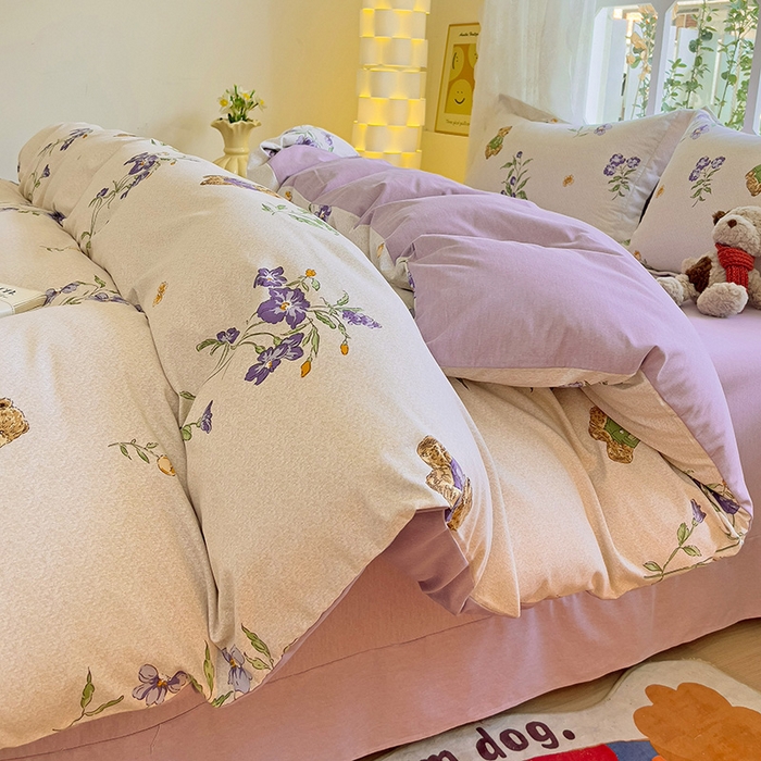 91家纺网 家纺一手货源 找家纺 2024新款全棉印花磨毛系列四件套 萌熊花园