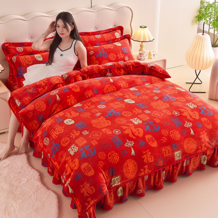 91家纺网 家纺一手货源 找家纺 德比尔斯 2025新款牛奶绒床裙四件套8-9斤法莱绒直播爆款日产2万套百福