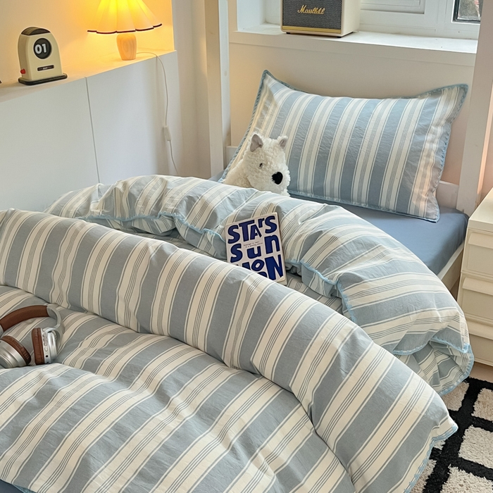 91家纺网 家纺一手货源 找家纺 吉象家纺 2025新款全棉水洗棉三角针学生三件套四件套 青春-浅蓝