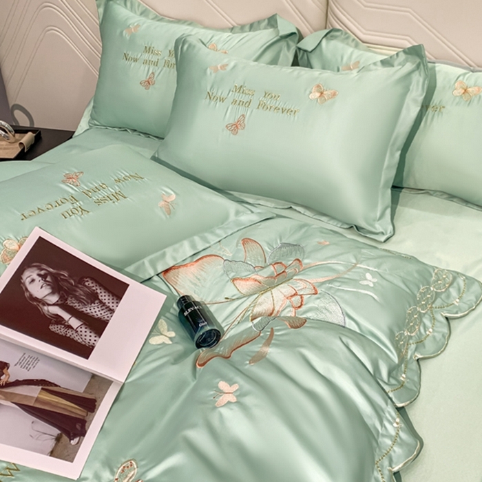 91家纺网 家纺一手货源 找家纺 梧桐家居 2024新款冰丝四件套-蝴蝶 蝴蝶-浅绿