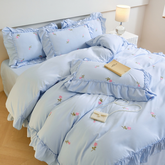 91家纺网 家纺一手货源 找家纺 梧桐家居 2024新款水洗棉四件套-玫瑰 玫瑰-天蓝