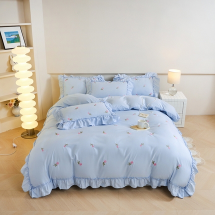 91家纺网 家纺一手货源 找家纺 梧桐家居 2024新款水洗棉四件套-玫瑰 玫瑰-天蓝