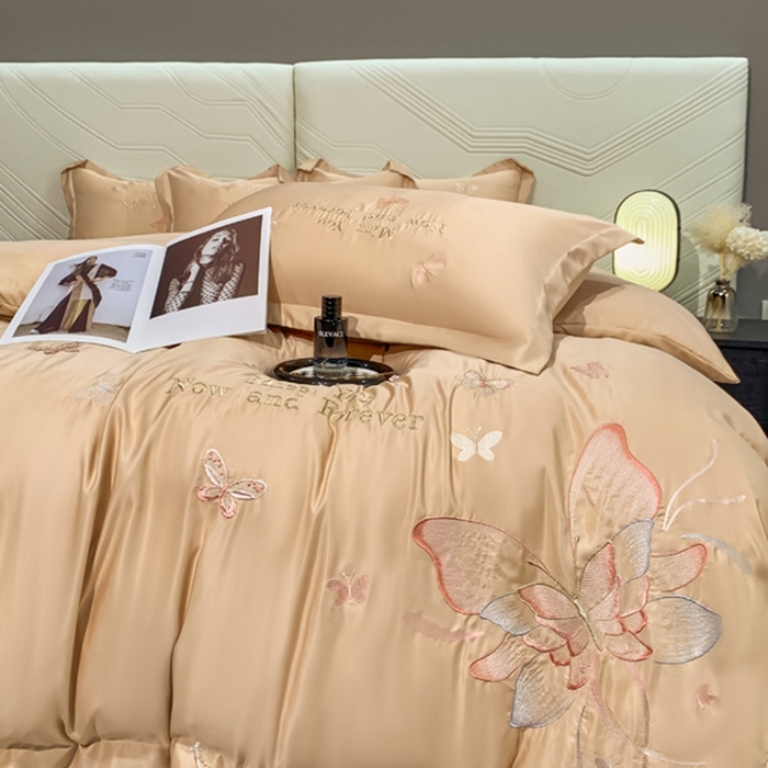 91家纺网 家纺一手货源 找家纺 梧桐家居 2024新款冰丝四件套-蝴蝶 蝴蝶-浅咖