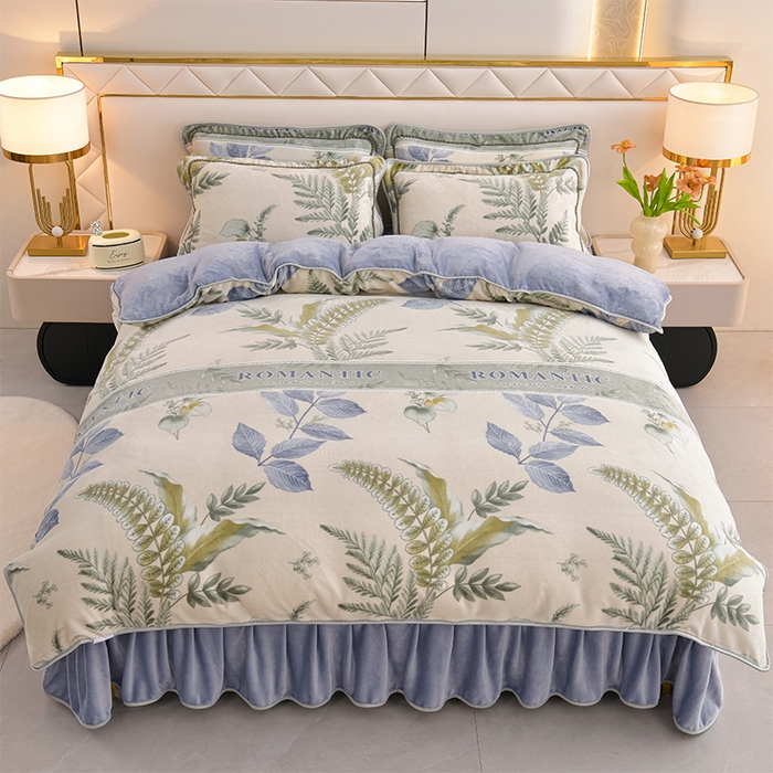 91家纺网 家纺一手货源 找家纺 爱洛家纺 2024新款高克重牛奶绒印花四件套 叶羽飞舞