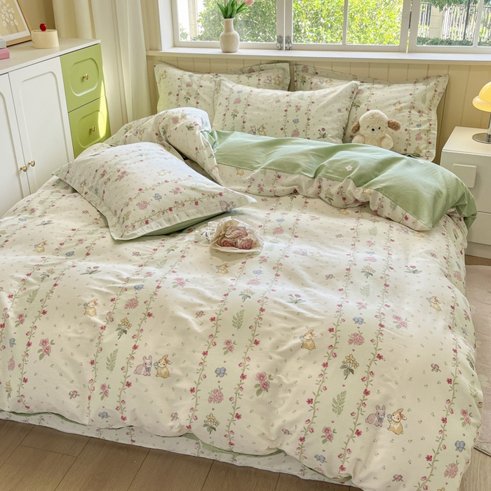 91家纺网 家纺一手货源 找家纺 菲梵家纺 2025新款喷气小清新全棉印花四件套（预留缩水） 田园兔