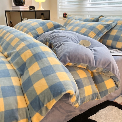 91家纺网 家纺一手货源 找家纺 启程家纺 2024新款无印风A类牛奶绒四件套 大格子-蓝黄