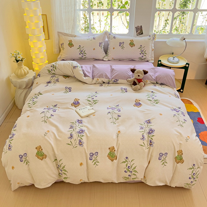 91家纺网 家纺一手货源 找家纺 2024新款全棉印花磨毛系列四件套 萌熊花园