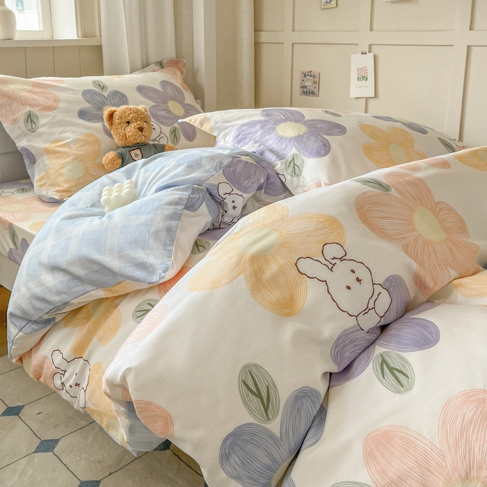 91家纺网 家纺一手货源 找家纺 菲梵家纺 2024新款全棉喷气小清新宿舍上下铺学生三件套 仙仙兔