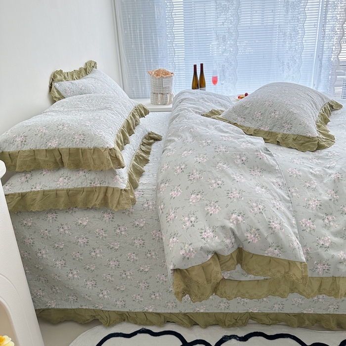 91家纺网 家纺一手货源 找家纺 佰织鑫家居 2024新款全棉法式床盖款四件套 莫奈绿