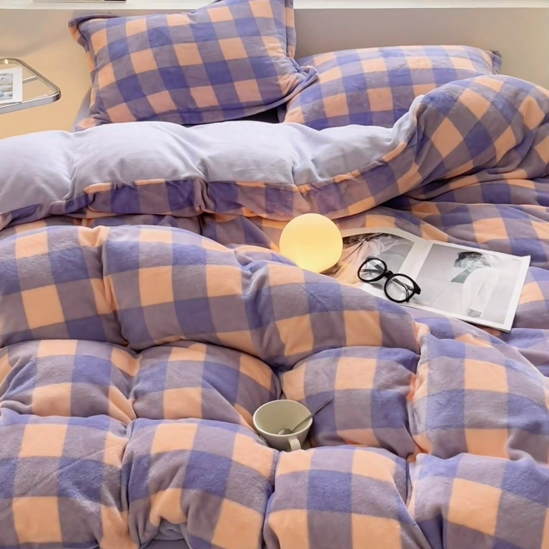 91家纺网 家纺一手货源 找家纺 启程家纺 2024新款无印风A类牛奶绒四件套 大格子-紫粉