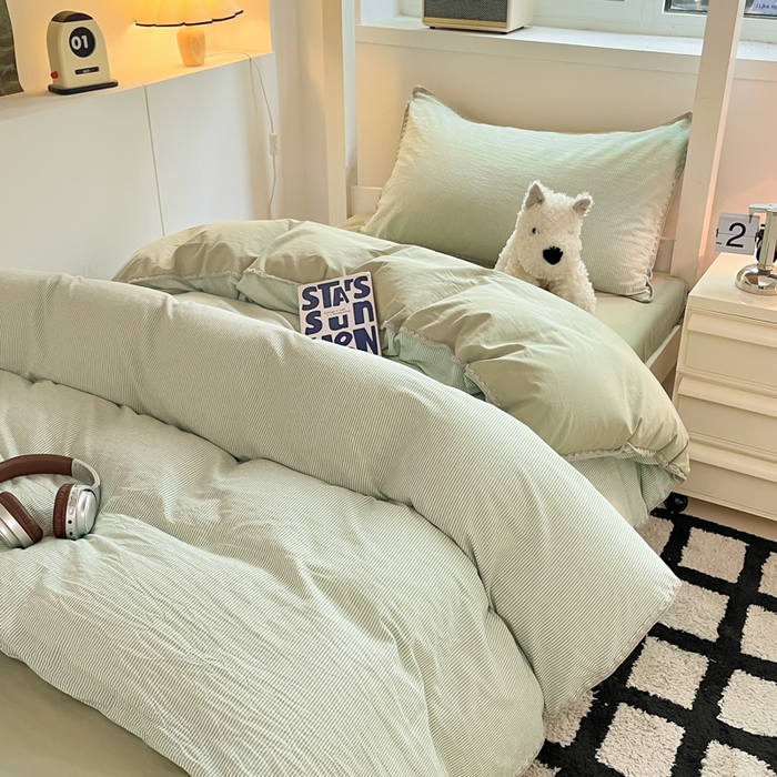 91家纺网 家纺一手货源 找家纺 吉象家纺 2025新款全棉水洗棉三角针学生三件套四件套 秘境-浅绿