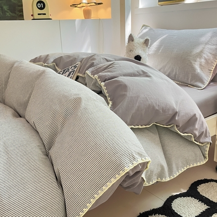 吉象家纺 2025新款全棉水洗棉三角针学生三件套四件套 秘境-浅灰