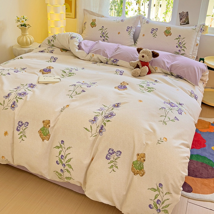 91家纺网 家纺一手货源 找家纺 2024新款全棉印花磨毛系列四件套 萌熊花园