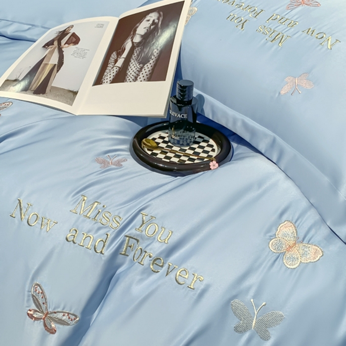 91家纺网 家纺一手货源 找家纺 梧桐家居 2024新款冰丝四件套-蝴蝶 蝴蝶-天蓝