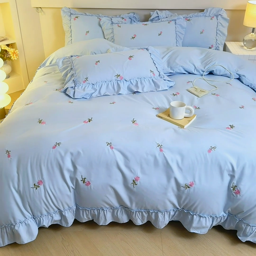 91家纺网 家纺一手货源 找家纺 梧桐家居 2024新款水洗棉四件套-玫瑰 玫瑰-天蓝