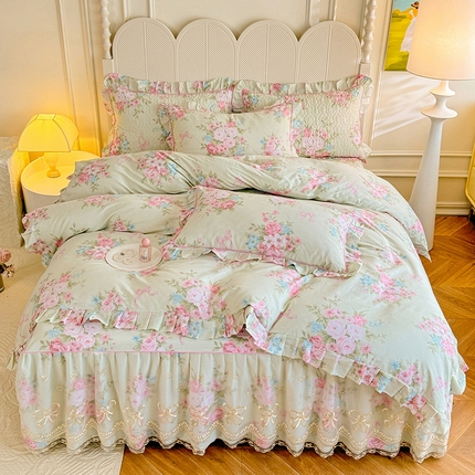 91家纺网 家纺一手货源 找家纺 美达家纺 2025新款亲肤舒适全棉公主风单床裙四件套 杏花微雨
