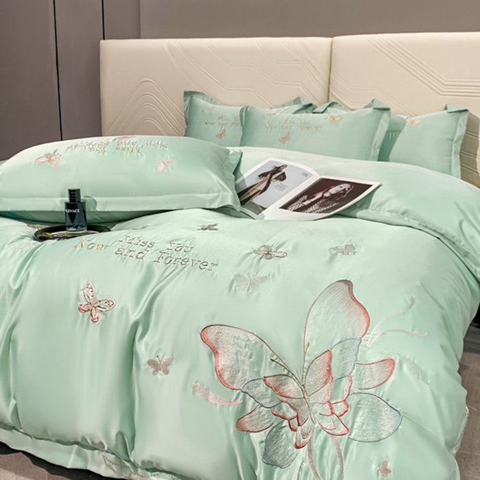 91家纺网 家纺一手货源 找家纺 梧桐家居 2024新款冰丝四件套-蝴蝶 蝴蝶-浅绿