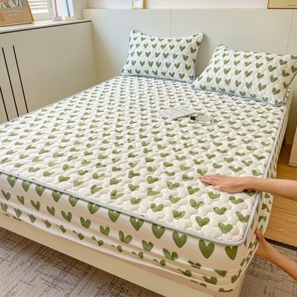 予梦家纺 2024新款水洗棉印花夹棉床笠 甜心绿
