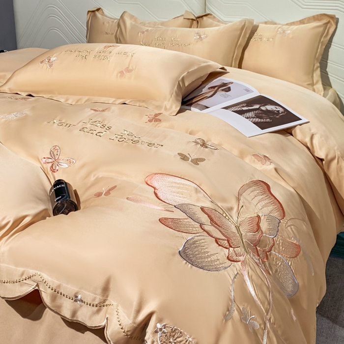 91家纺网 家纺一手货源 找家纺 梧桐家居 2024新款冰丝四件套-蝴蝶 蝴蝶-浅咖