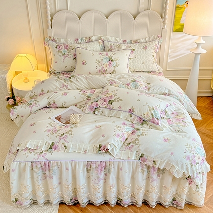 91家纺网 家纺一手货源 找家纺 美达家纺 2025新款亲肤舒适全棉公主风单床裙四件套 紫珊